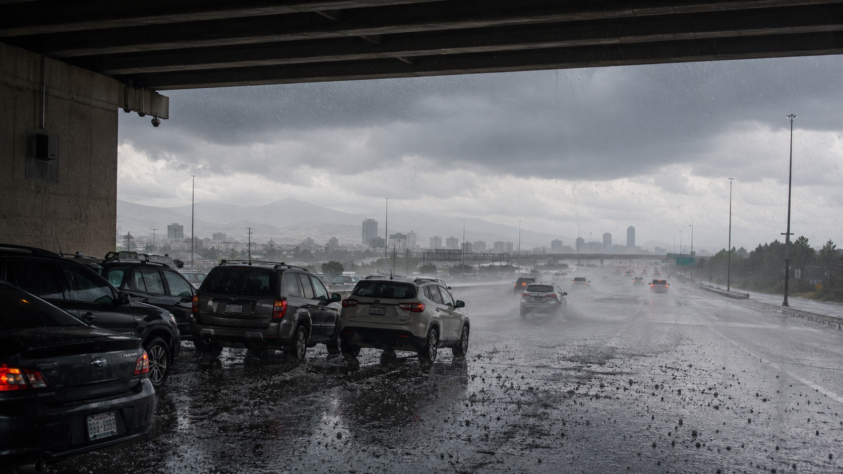 Hail and floodwater covering a Denver metro road